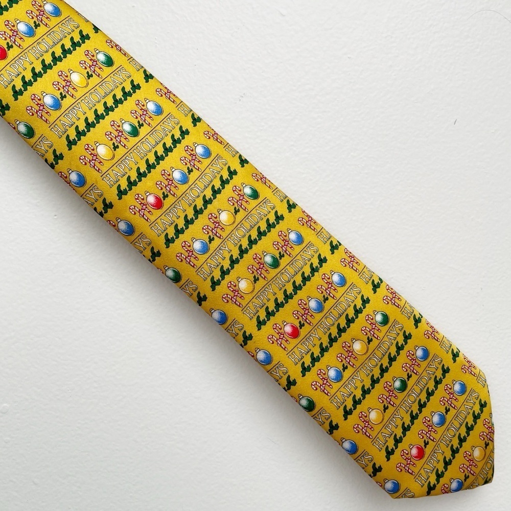 Vintage Silk Holiday Christmas Tie Gold Yellow Ornament Candy Cane Holly Festive